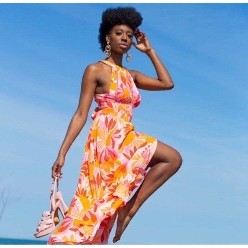 Anthropologie Abel the Label Orange and Pink Cutout Maxi Dress Large
